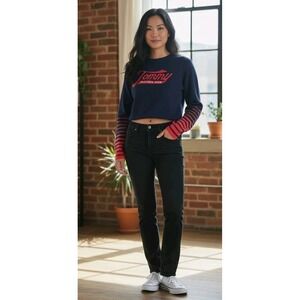VTG Tommy Hilfiger Denim Navy Red Spellout Striped Sleeve Sweater Y2K Women SZ M